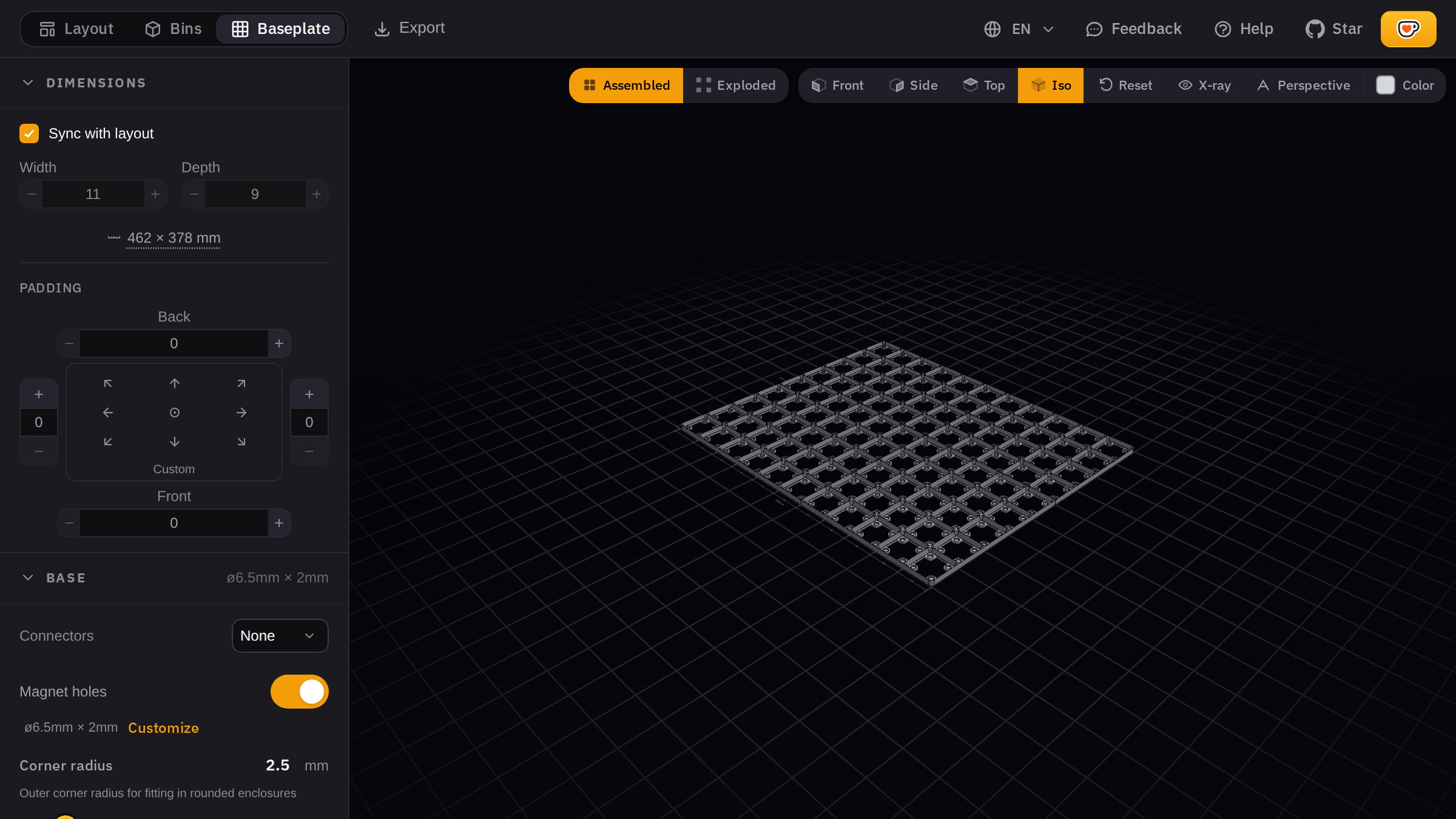 Gridfinity baseplate generator showing an 11 by 9 magnet-hole baseplate in an isometric 3D preview