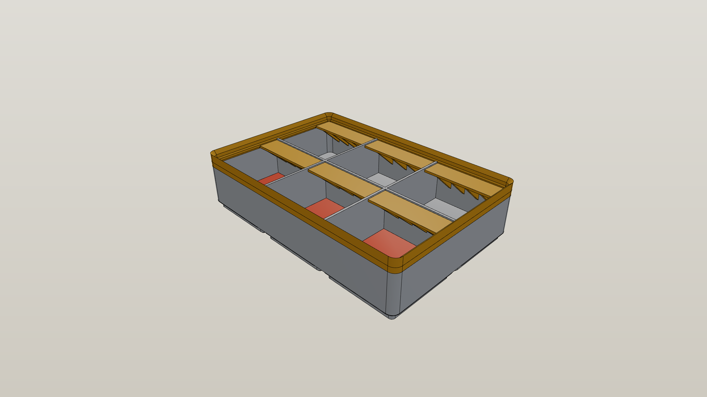 Custom Gridfinity organizer bin with compartments, label tabs, and scoop ramps rendered in the generator's 3D preview